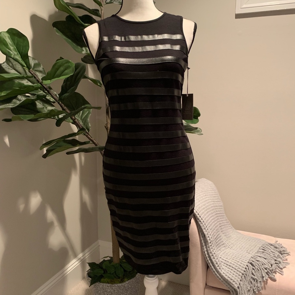 Black bodycon dress with leather detail